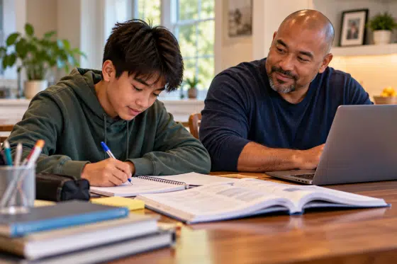 Stepdad providing supportive space while his stepchild does homework