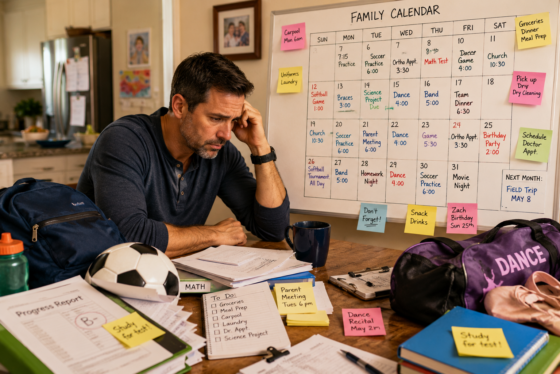 stepdad staring at an overloaded family calendar surrounded by a backpack, soccer ball, school papers, dance bag, appointments, and sticky notes.