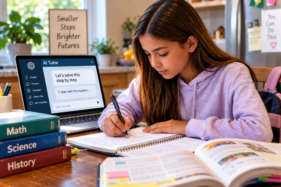 AI and children's education - Student using AI tutor to help with learning.