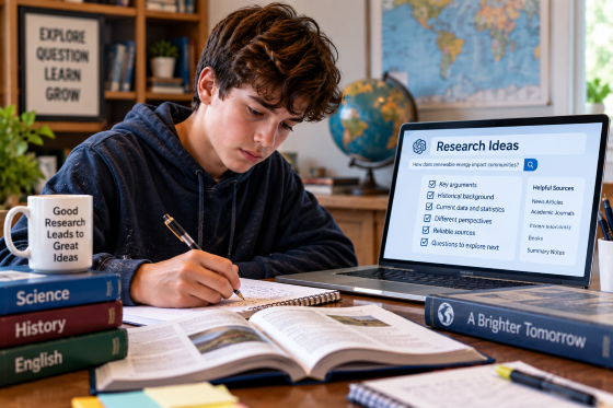 AI and children's education - Student-using-AI-to-support-research-for-a-term-paper
