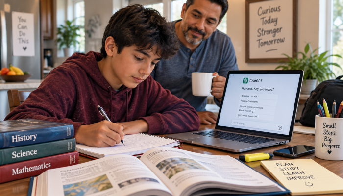 Student-working-while-stepdad-approvaling-observes