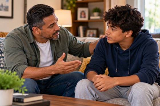 Stepdad having a sincere conversation with his teenage stepson while rebuilding trust after a disagreement.
