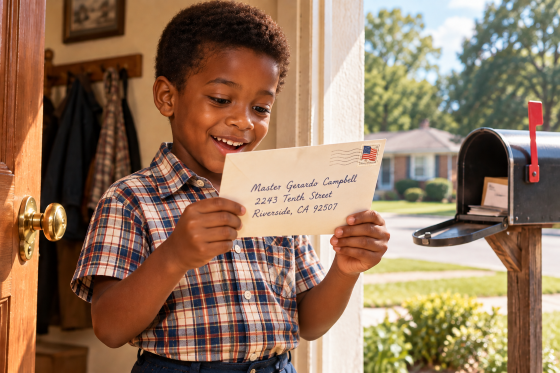 Young boy excitedly examines his first handwritten letter addressed to “Master Gerardo Campbell.”