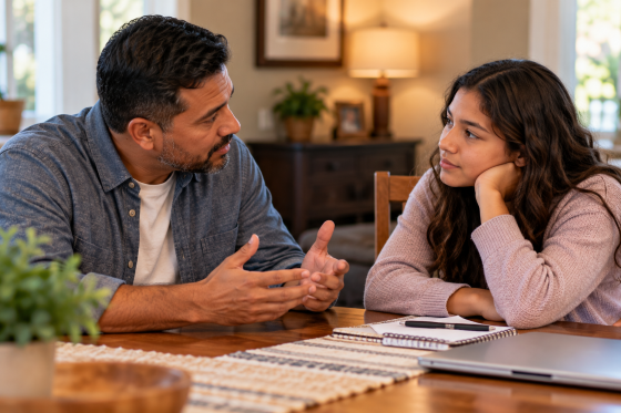Listening to stepchildren - Hispanic stepdad has a sincere conversation with his teenage stepdaughter, demonstrating humility and mutual respect.