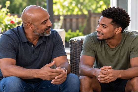Adult stepson and stepdad discuss life with mutual respect.