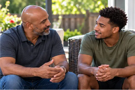 Adult stepson and stepdad discuss life with mutual respect.
