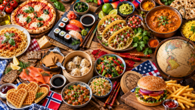 International feast featuring Italian pasta, Japanese sushi, Mexican tacos, Indian curry, Norwegian salmon and waffles, Chinese dumplings, and an American hamburger for World Food Day.