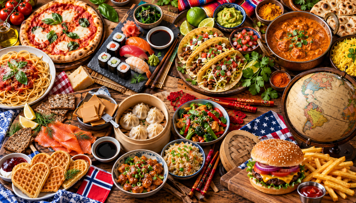 International feast featuring Italian pasta, Japanese sushi, Mexican tacos, Indian curry, Norwegian salmon and waffles, Chinese dumplings, and an American hamburger for World Food Day.