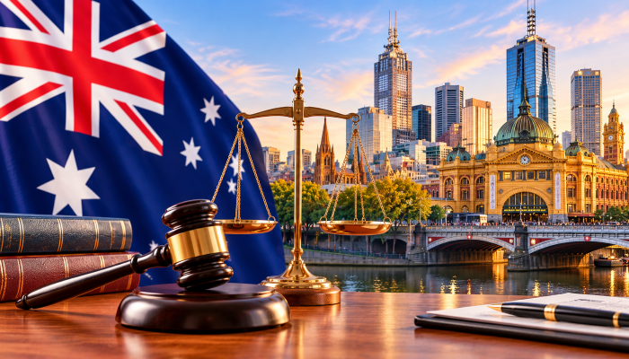 Australian flag, judge’s gavel, and scales of justice overlooking Melbourne’s skyline, with Flinders Street Station and Princes Bridge in the background.