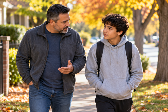Hispanic stepdad and teenage stepson walking together during a relaxed conversation that respects the teenager's emotional boundaries.
