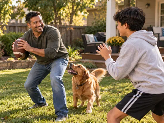 Overscheduled blended family - Stepdad and teenage stepson enjoying an unstructured afternoon tossing a football in the backyard with their dog