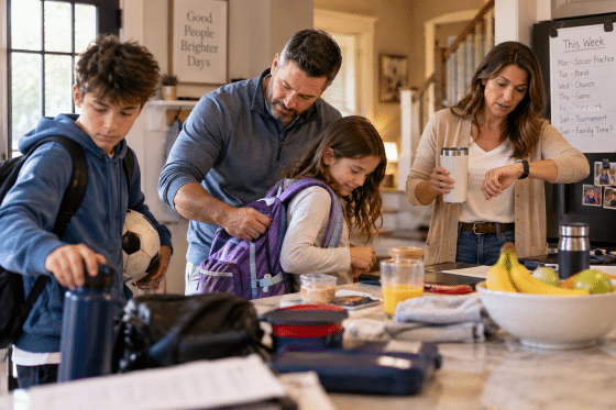 Overscheduled blended family - Busy blended family getting ready for school and activities during a hectic weekday morning