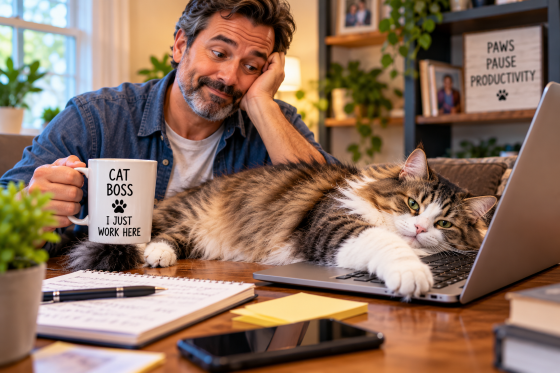 Funny dog and cat facts - Mischievous cat lying across a laptop keyboard while its owner tries to work.