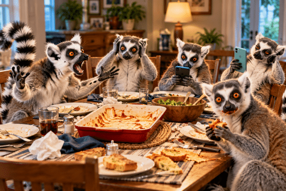 Five ring-tailed lemurs hold a chaotic family dinner meeting while one secretly eats the missing lasagna.