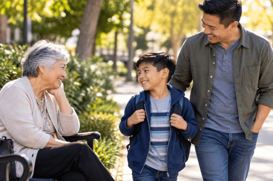 World Smile Day - Child shares a friendly smile with an older adult while walking in the park with his stepdad