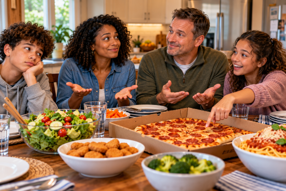 World Food Day fun facts: Blended family humorously discussing dinner choices as one teenager looks unimpressed and another points toward pizza.