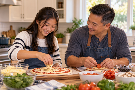 Asian stepdad and teenage stepdaughter preparing dinner together, strengthening their relationship through everyday family activities.