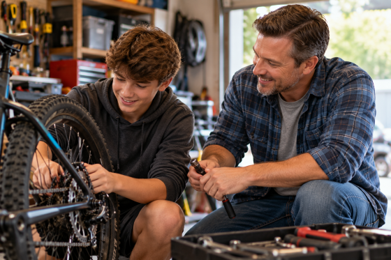 Build trust with your stepson - A stepdad and his teenage stepson working side by side on a simple project in the garage—perhaps repairing a bicycle together