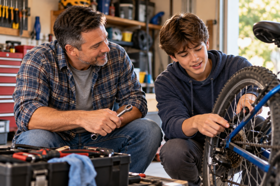Listening to stepchildren - Stepfather and teenage stepson repair a bicycle together while sharing a relaxed conversation in their garage.