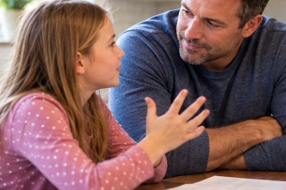 Successful stepdad - stepdad listening attentively to his young stepdaughter as she shares her thoughts at the kitchen table.