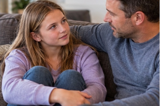 Successful stepdad - Stepdad listening attentively to his young stepdaughter as she shares her thoughts.