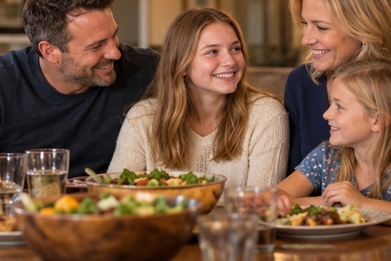 Successful stepdad - Blended family enjoying dinner together, with a stepdad, mother, teenage stepdaughter, and younger daughter sharing a happy moment.