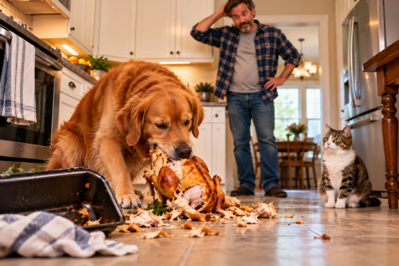 Funny dog and cat facts - Golden Retriever devouring a whole cooked chicken while the stepdad surveys the scene. A cat watches innocently from a safe distance.