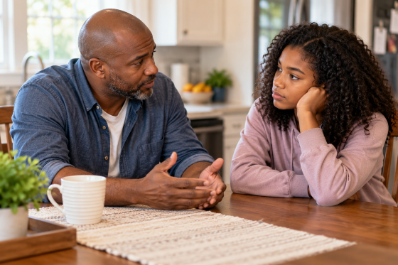African American stepdad having a sincere conversation with his teenage stepdaughter while taking responsibility for a mistake.