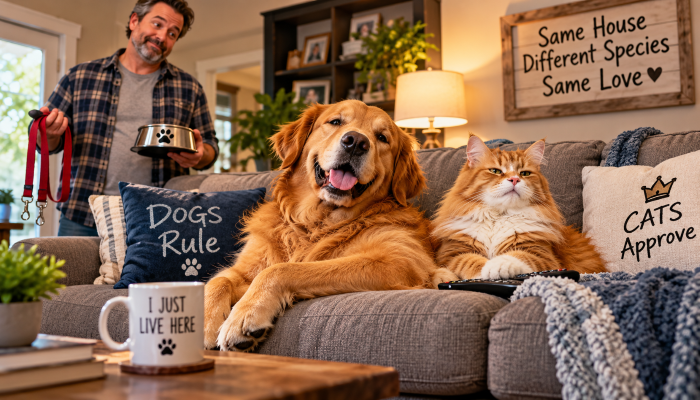Funny dog and cat facts - Funny dog and cat ruling the family sofa while an amused stepdad waits on his four-legged companions.