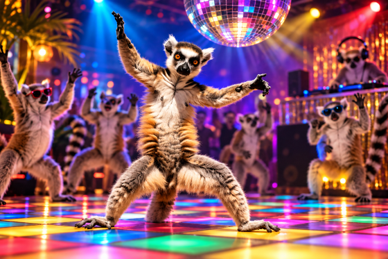 Funny lemur facts - Sifaka lemur standing on its hind legs with arms outstretched in a comical dance pose.