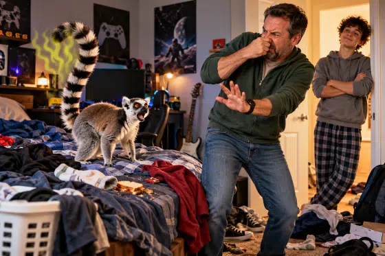 Funny lemur facts - Stepdad pinches his nose in his stepson's messy bedroom while a ring-tailed lemur raises its tail.