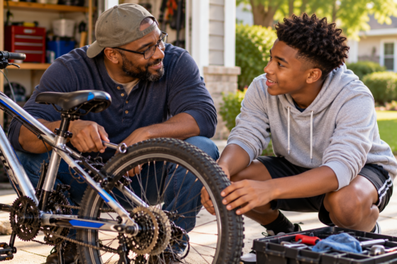 Please create - Image 2: Finding the Right Moment to Talk
A stepdad and stepson repair a bicycle while enjoying a relaxed conversation.