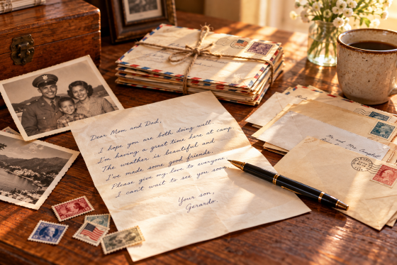 Handwritten family letters, old photographs, envelopes and a pen arranged on a wooden table.