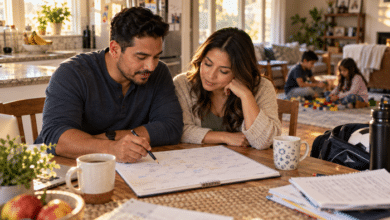 overscheduled blended family - Hispanic stepdad and his wife review their family calendar while their children play nearby.