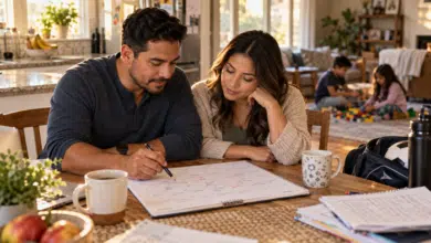 overscheduled blended family - Hispanic stepdad and his wife review their family calendar while their children play nearby.