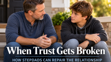 Rebuilding trust with your stepchild - A stepdad and his teenage stepson having a thoughtful conversation on their front porch as they work toward rebuilding trust.