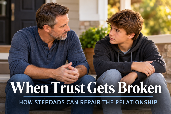 Rebuilding trust with your stepchild - A stepdad and his teenage stepson having a thoughtful conversation on their front porch as they work toward rebuilding trust.
