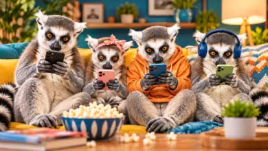 Lemur family fixed on their phone screens