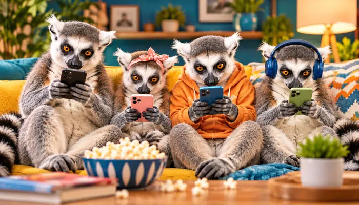 Lemur family fixed on their phone screens