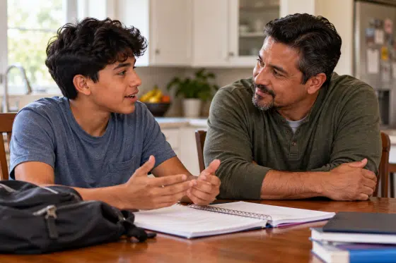 Build trust with your stepson - Stepdad listening attentively as his teenage stepson talks about his day