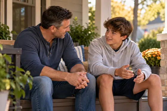 Overscheduled blended family - Stepdad listening to his teenage stepson during a relaxed conversation on the front porch