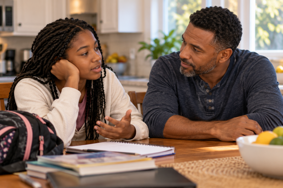 Listening to stepchildren - A stepdad sits at the kitchen table with his 14-year-old stepdaughter