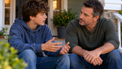 stepdad and a teenage stepchild sitting together on a quiet front porch, with the teen speaking and the stepdad listening attentively
