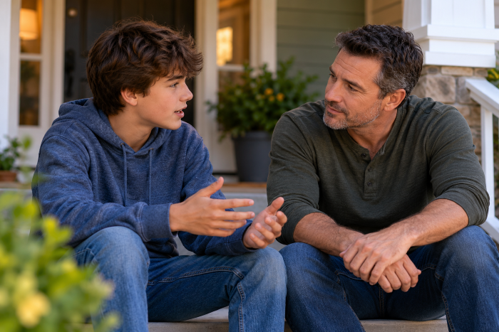 stepdad and a teenage stepchild sitting together on a quiet front porch, with the teen speaking and the stepdad listening attentively