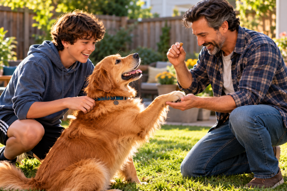Funny dog and cat facts - Stepdad and teenage stepchild building their relationship while playing with the family dog.