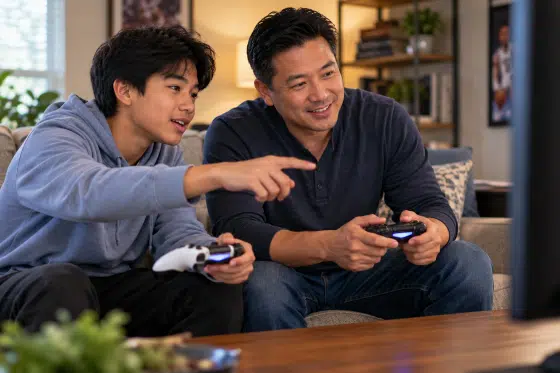 Build trust with your stepson - Teenage stepson teaching his stepdad a video game as they spend time together.