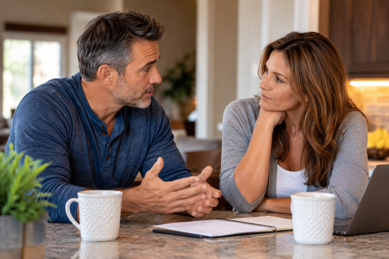Communication in blended families - Husband and wife discussing parenting expectations privately in their blended family.