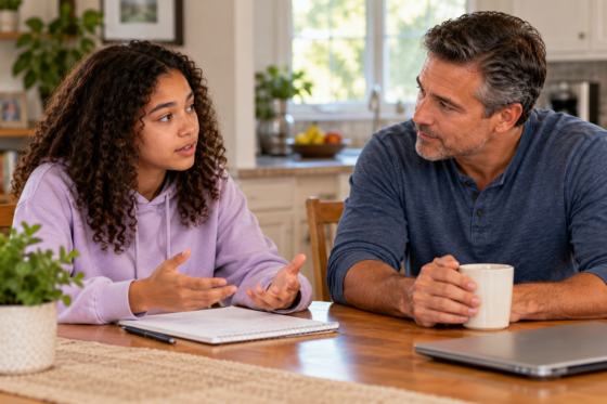 Stepdad listening attentively to his teenage stepdaughter as they calmly discuss family expectations at the kitchen table.