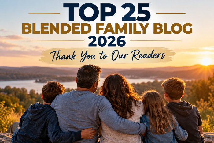 A warm blended-family scene with a stepdad, mom, and children together