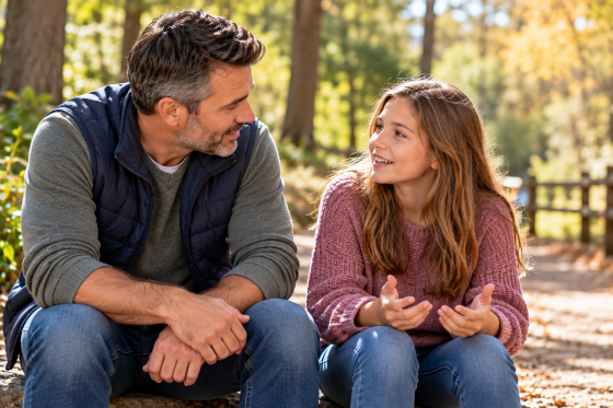 Communication in Blended Families -Stepdad and stepdaughter enjoying a relaxed conversation during a walk.